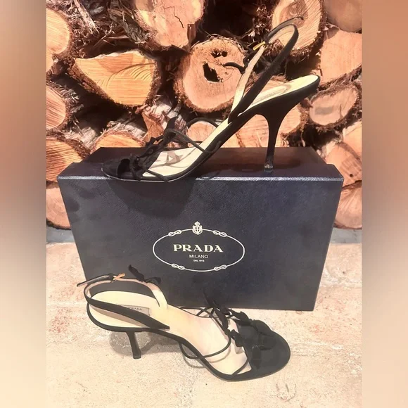 Prada Calzature Donna Camoscio Foglia Black Strappy Heels - Picture 1 of 15